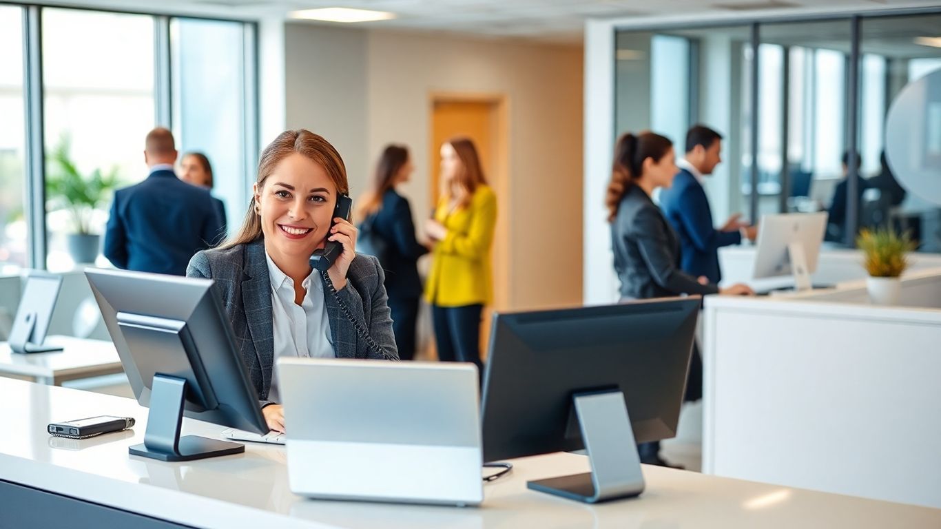 Receptionist answering phone at busy modern office