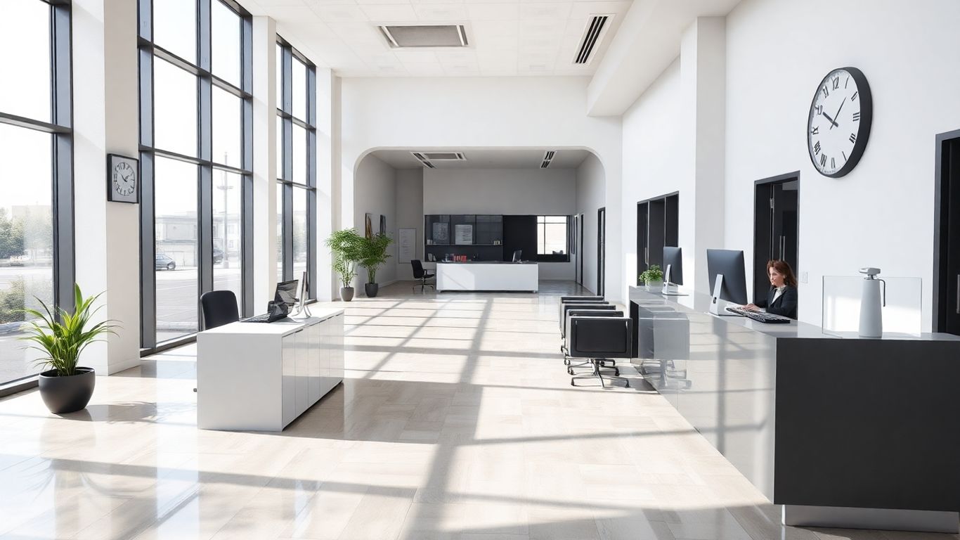 Receptionist at desk in bright modern office lobby