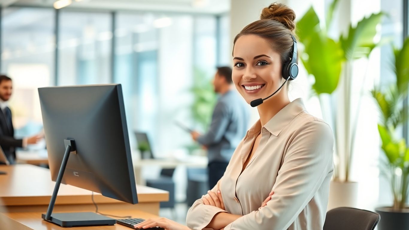 Receptionist with headset in modern office environment