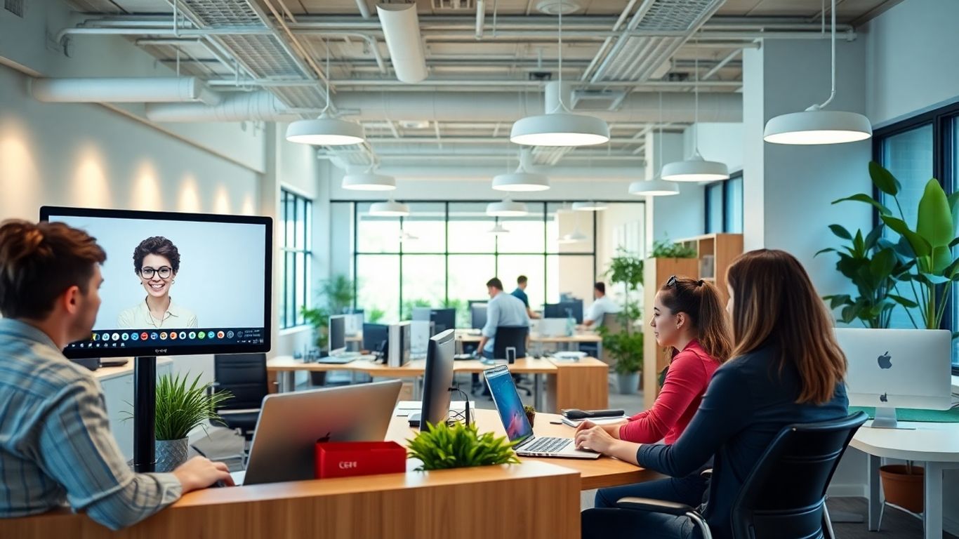 Virtual receptionist assisting team in a modern office