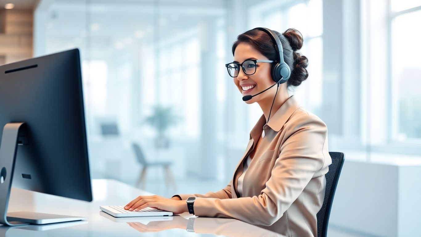 Virtual receptionist using headset in modern bright office.