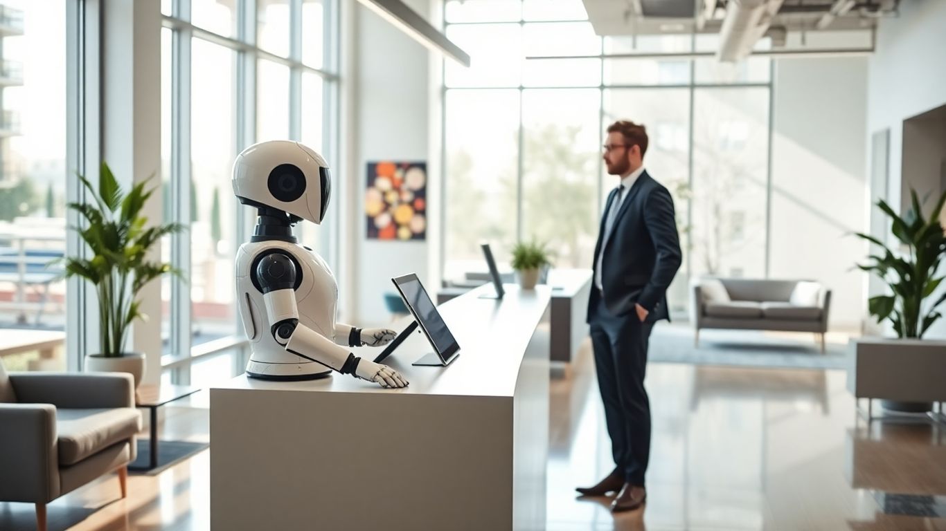 Modern office AI receptionist greets business professional