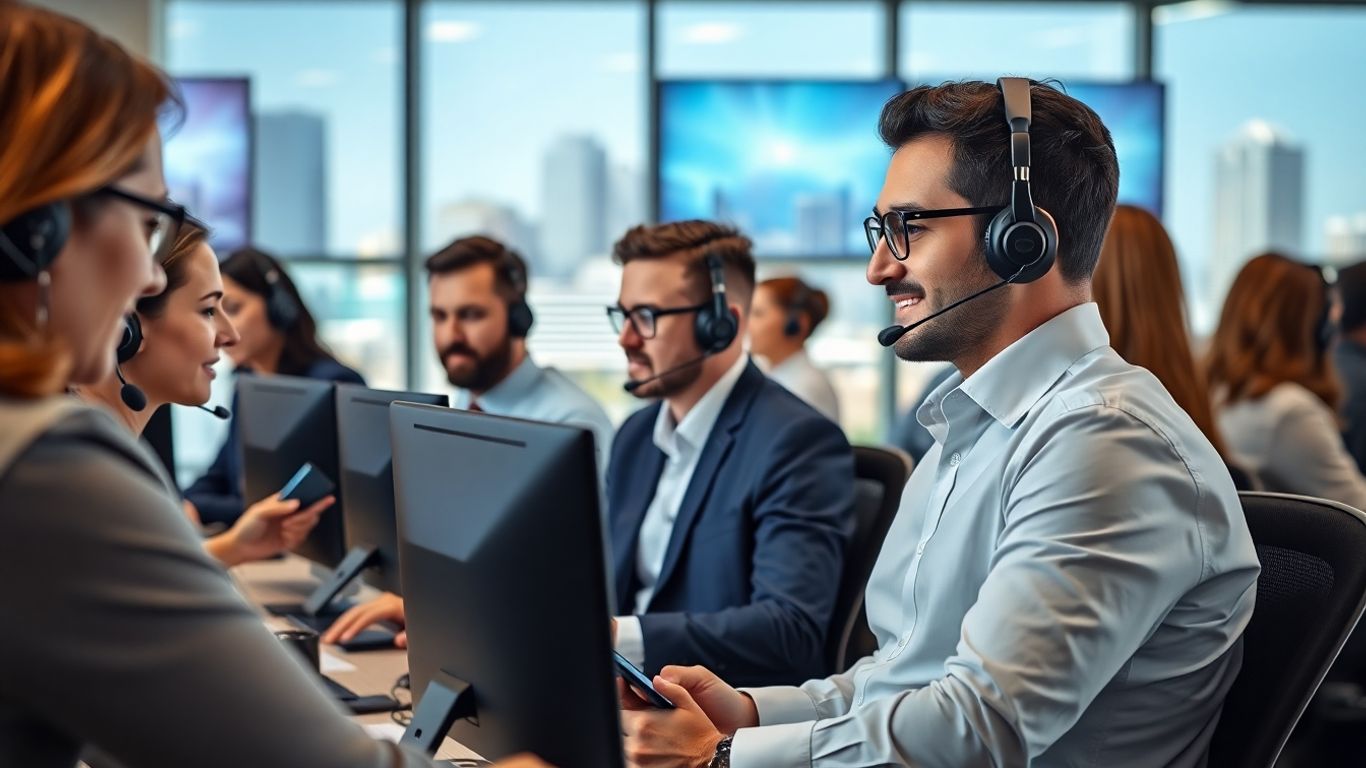 Business team using headsets in modern Sacramento office