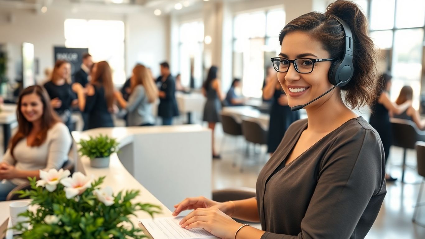 Receptionist with headset manages calls in a bustling salon.