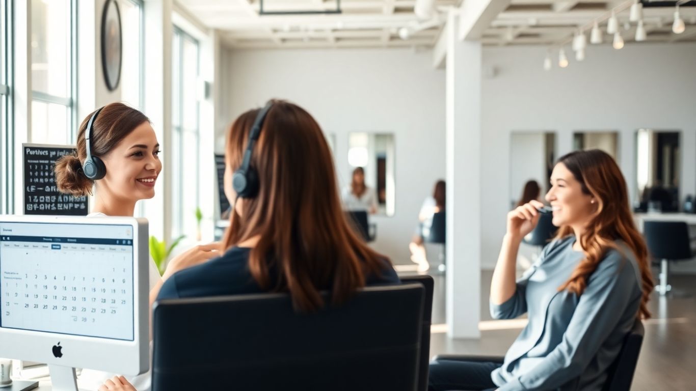 Receptionist with headset assisting client in a modern salon.
