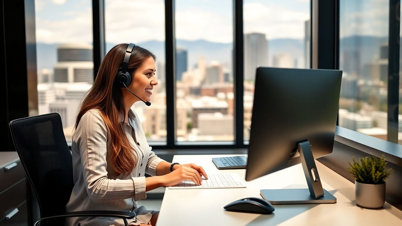 Virtual receptionist with headset in Salt Lake City office