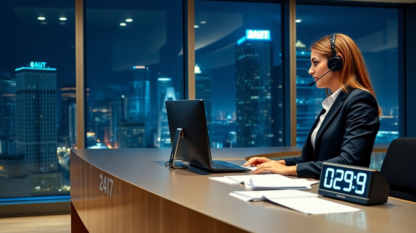 Receptionist in modern office working late with headset