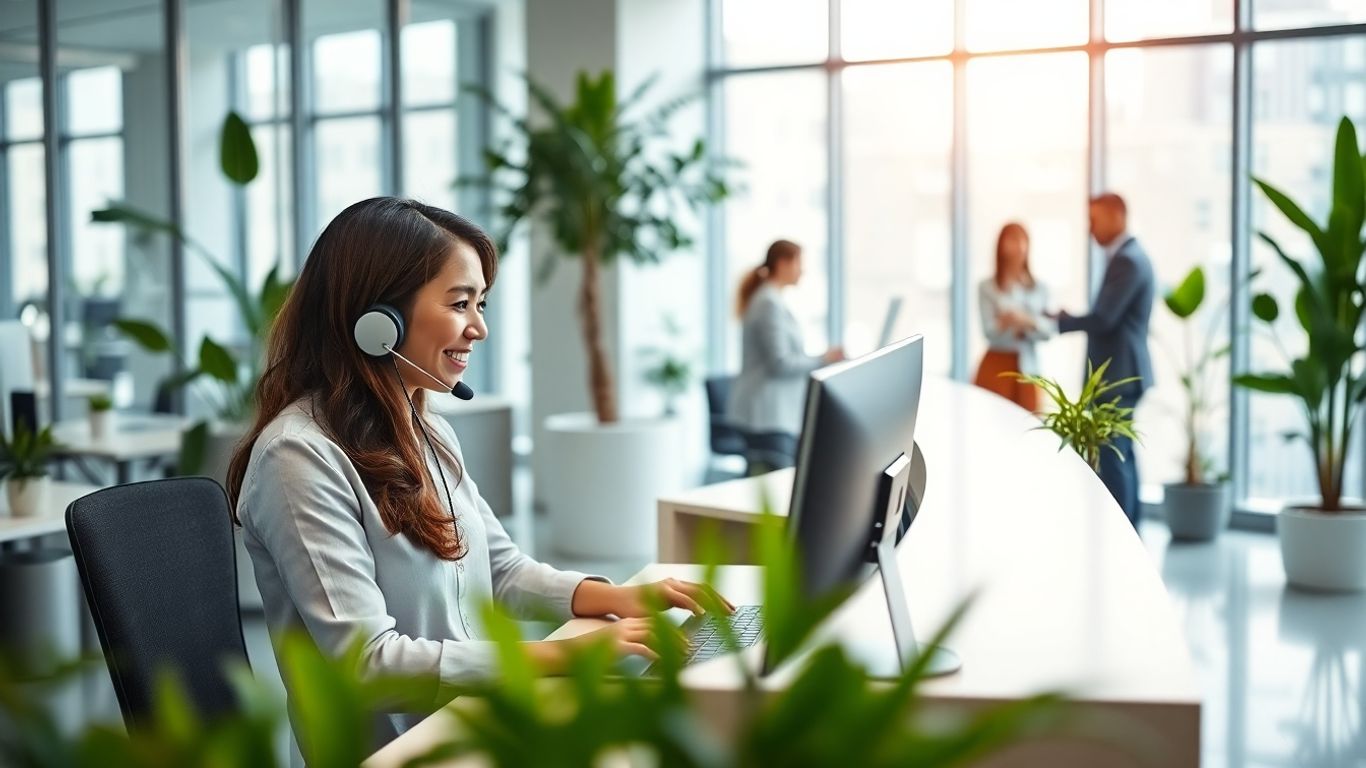 Receptionist answering calls in a modern, bright office