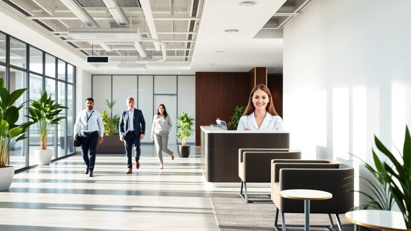 Modern office lobby with virtual receptionist at the front desk.