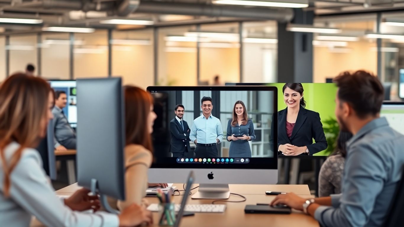 Diverse team engaging with a virtual receptionist on screen