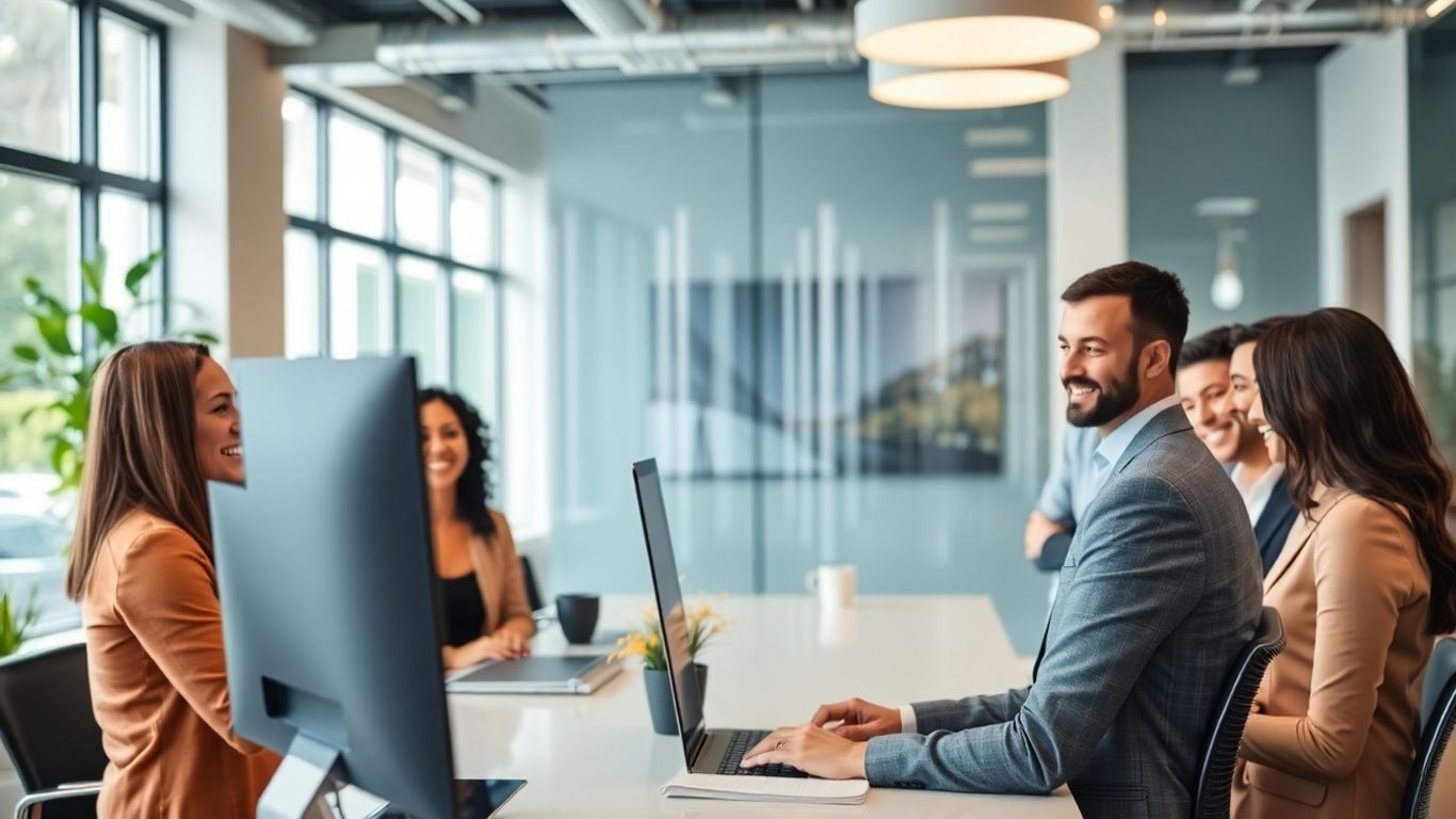 Virtual receptionist greeting customers in modern Santa Ana office