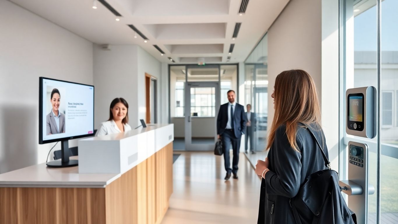 Virtual receptionist greeting customers at secure office lobby