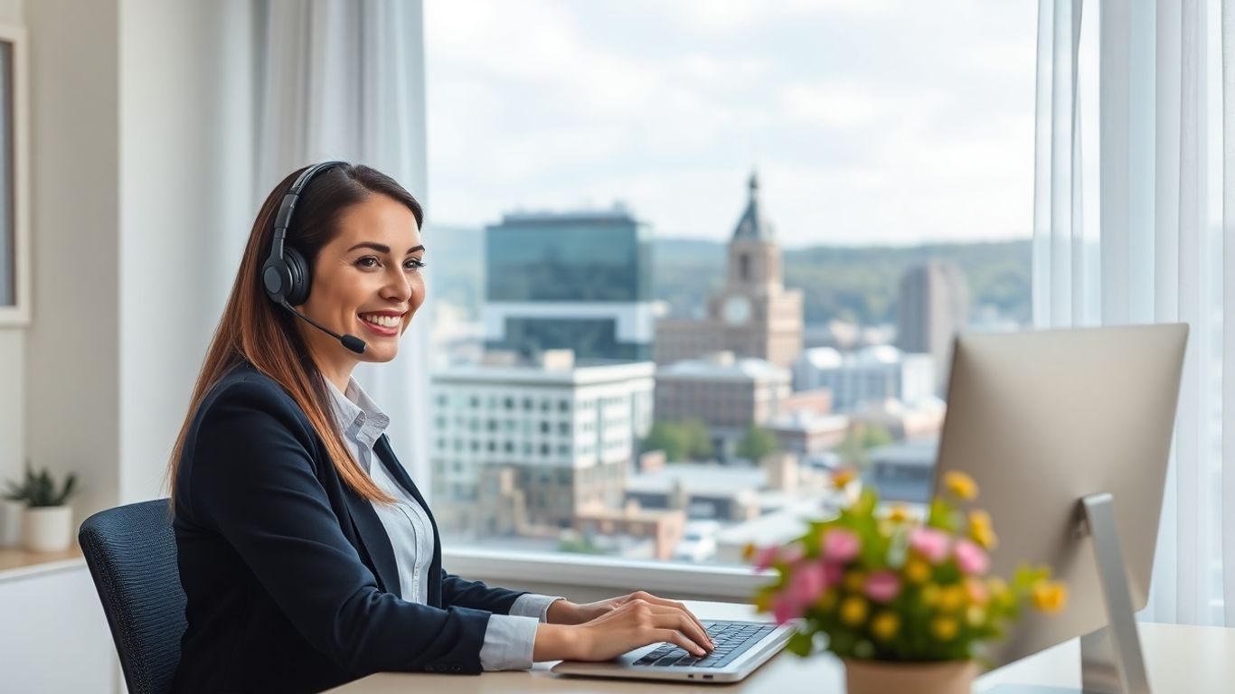 Virtual receptionist working near Scranton cityscape window