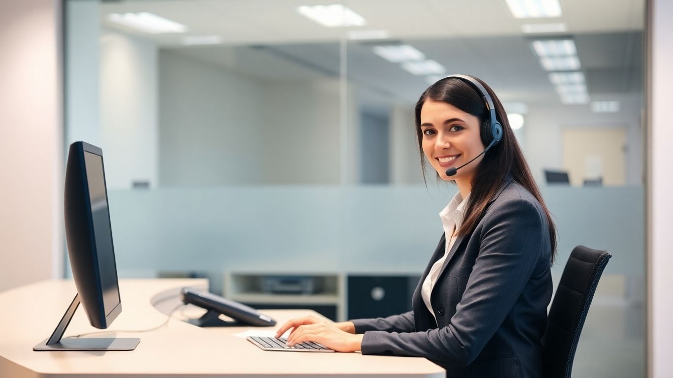 Receptionist with headset at modern desk ensures confidentiality