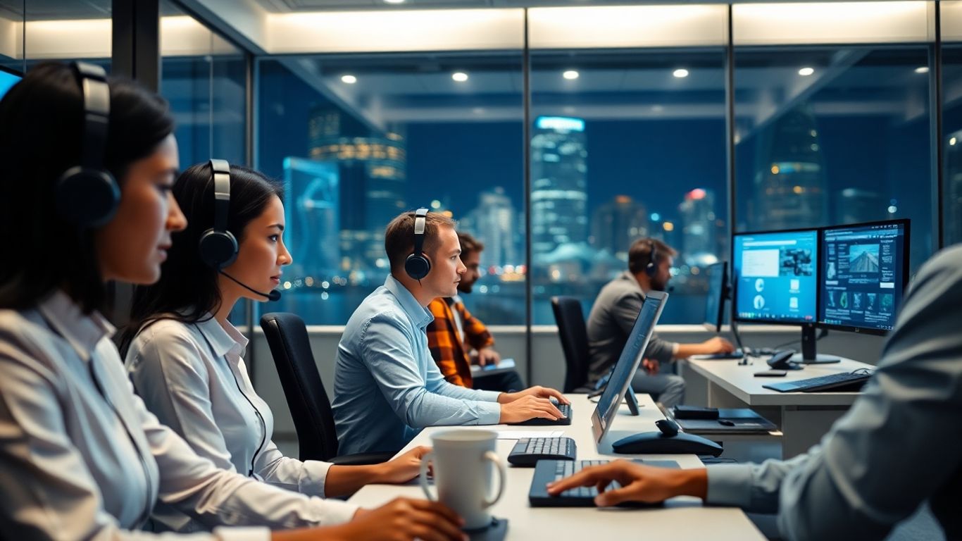 Busy answering service team working in modern office