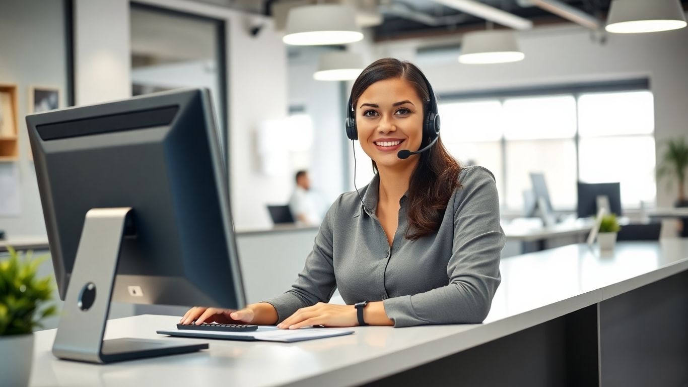 Smiling receptionist with headset at modern office desk