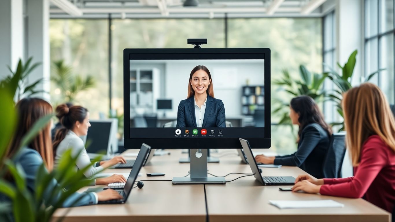 Virtual receptionist assisting professionals in a modern office