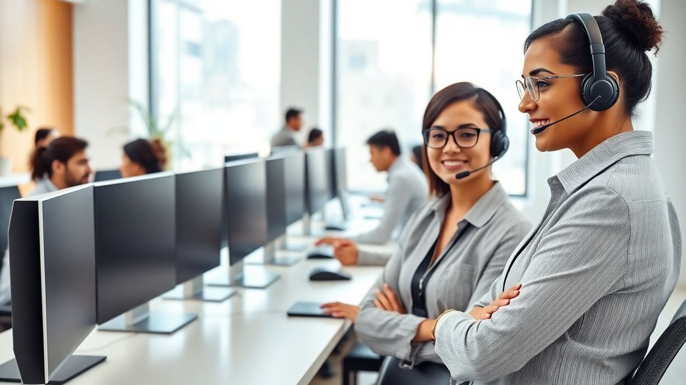 Virtual receptionist assisting business team in modern office