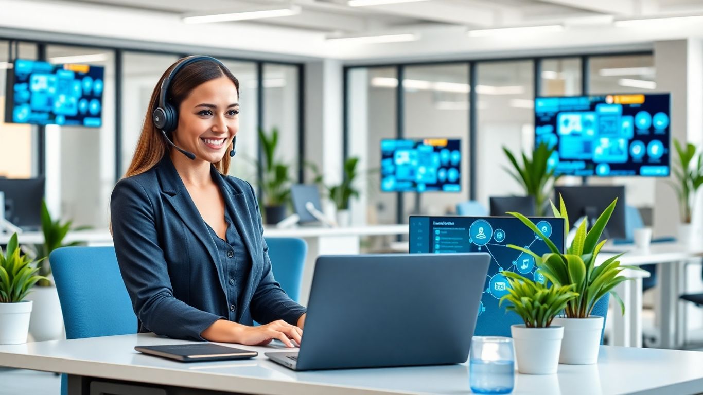 Virtual receptionist with headset integrating digital business tools