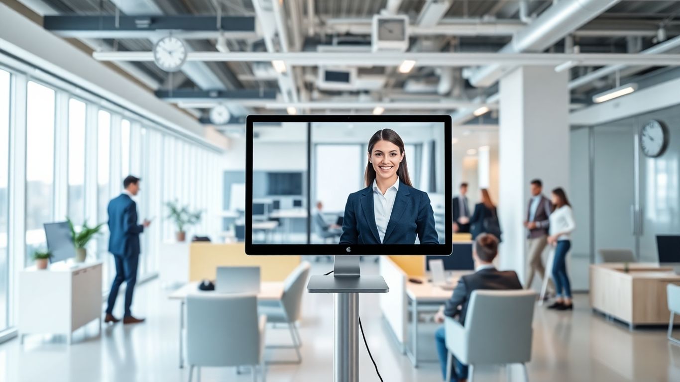 Virtual receptionist assisting clients in modern office setting