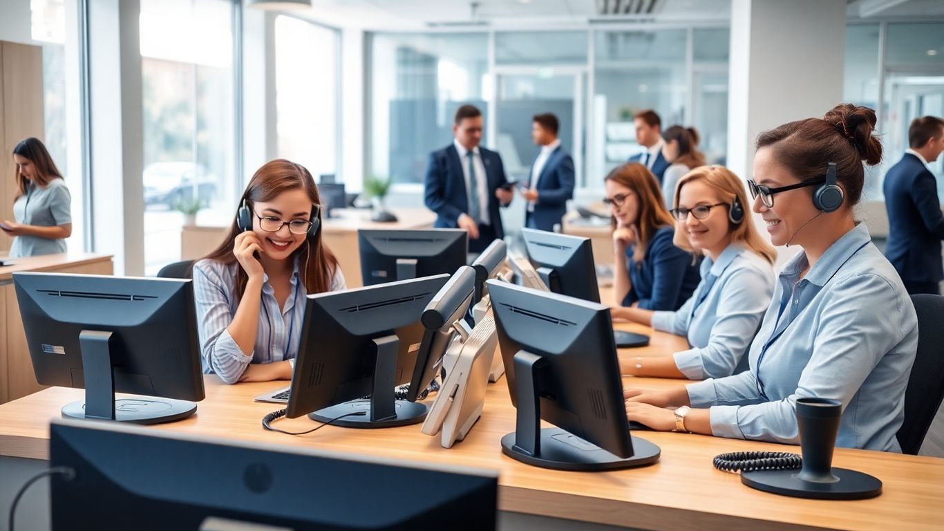 Receptionists answering phones in a modern business office.