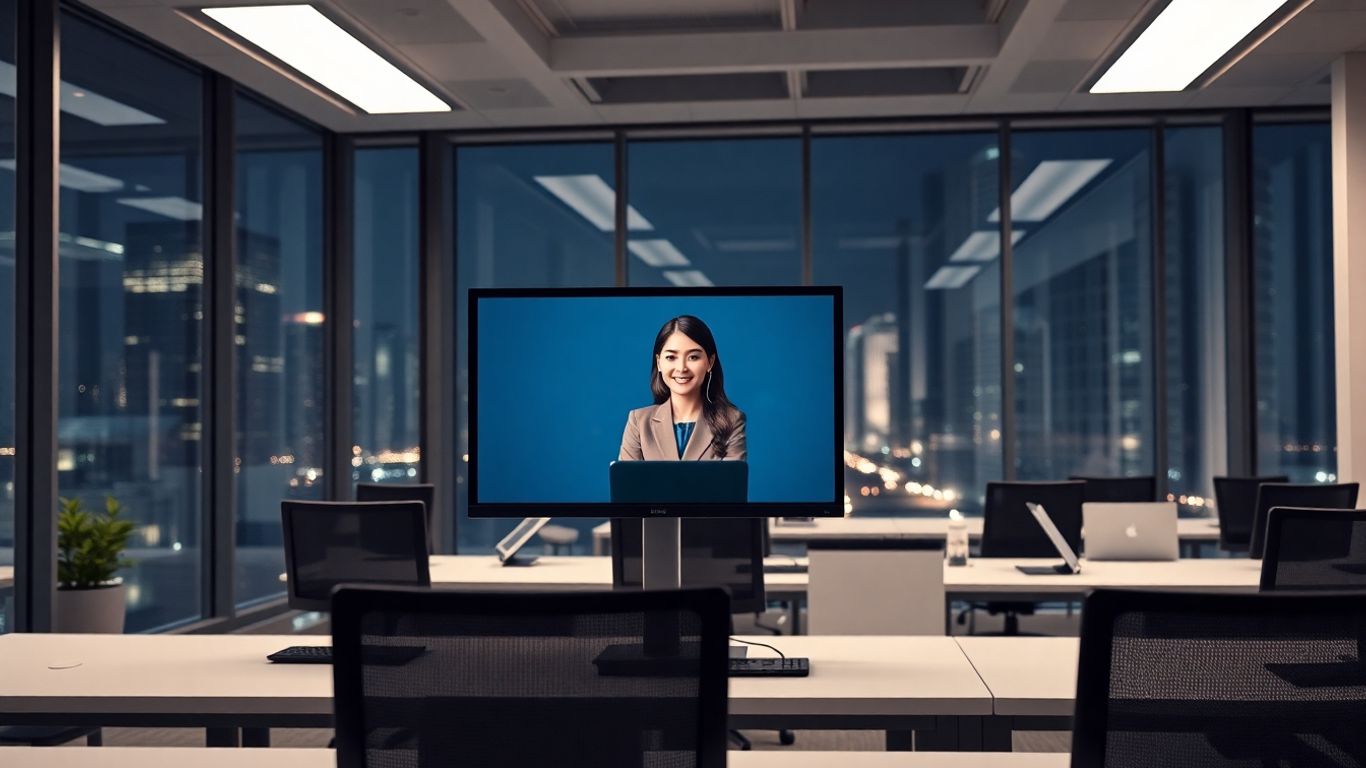 Virtual receptionist at night in modern office setting