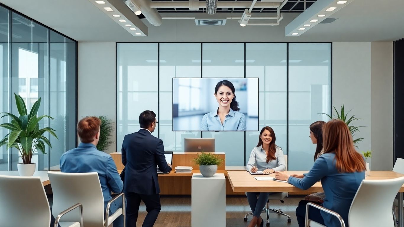 Virtual receptionist greeting business professionals in modern office
