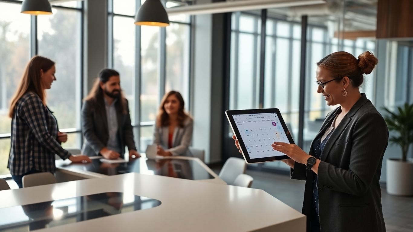 Business team and receptionist using digital calendar