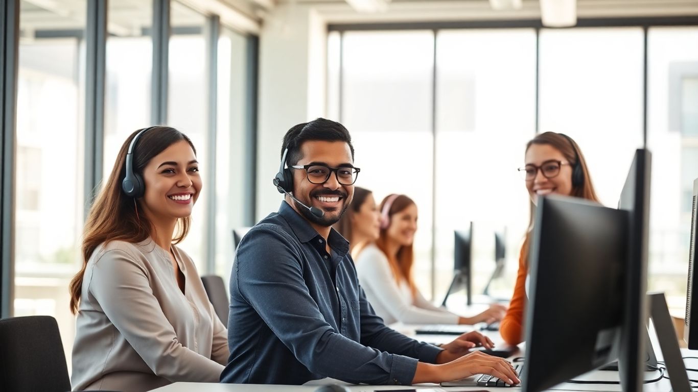 Business team providing customer service with headsets