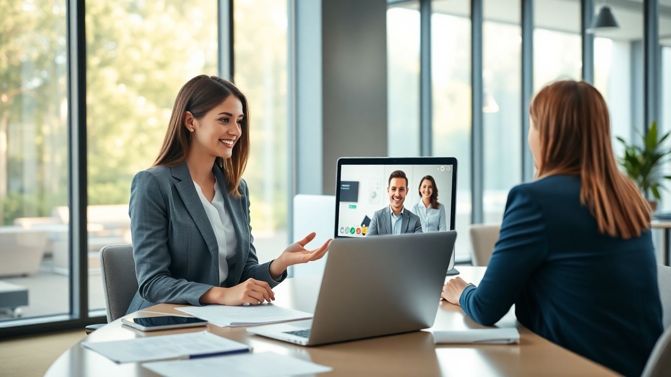 Virtual receptionist assists client via video call in office