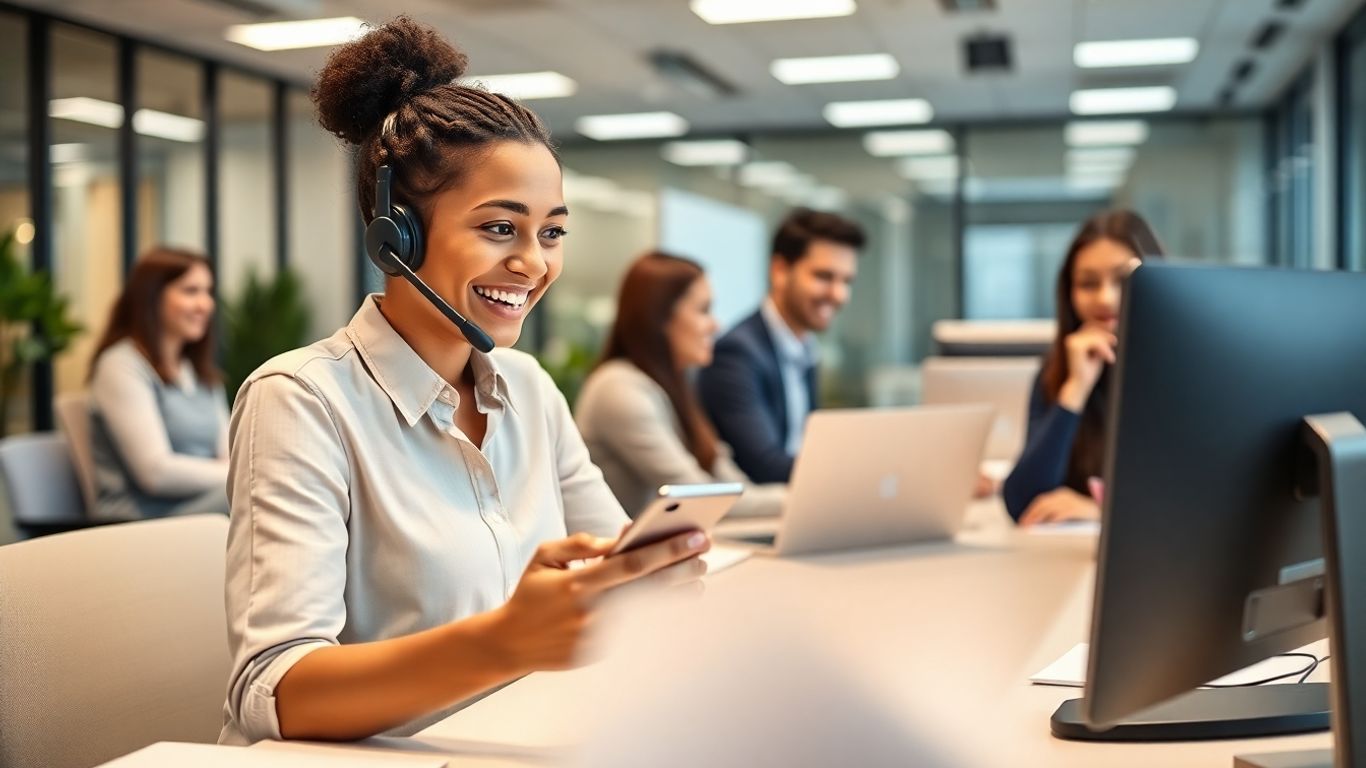 Customer support agent handles calls and texts happily