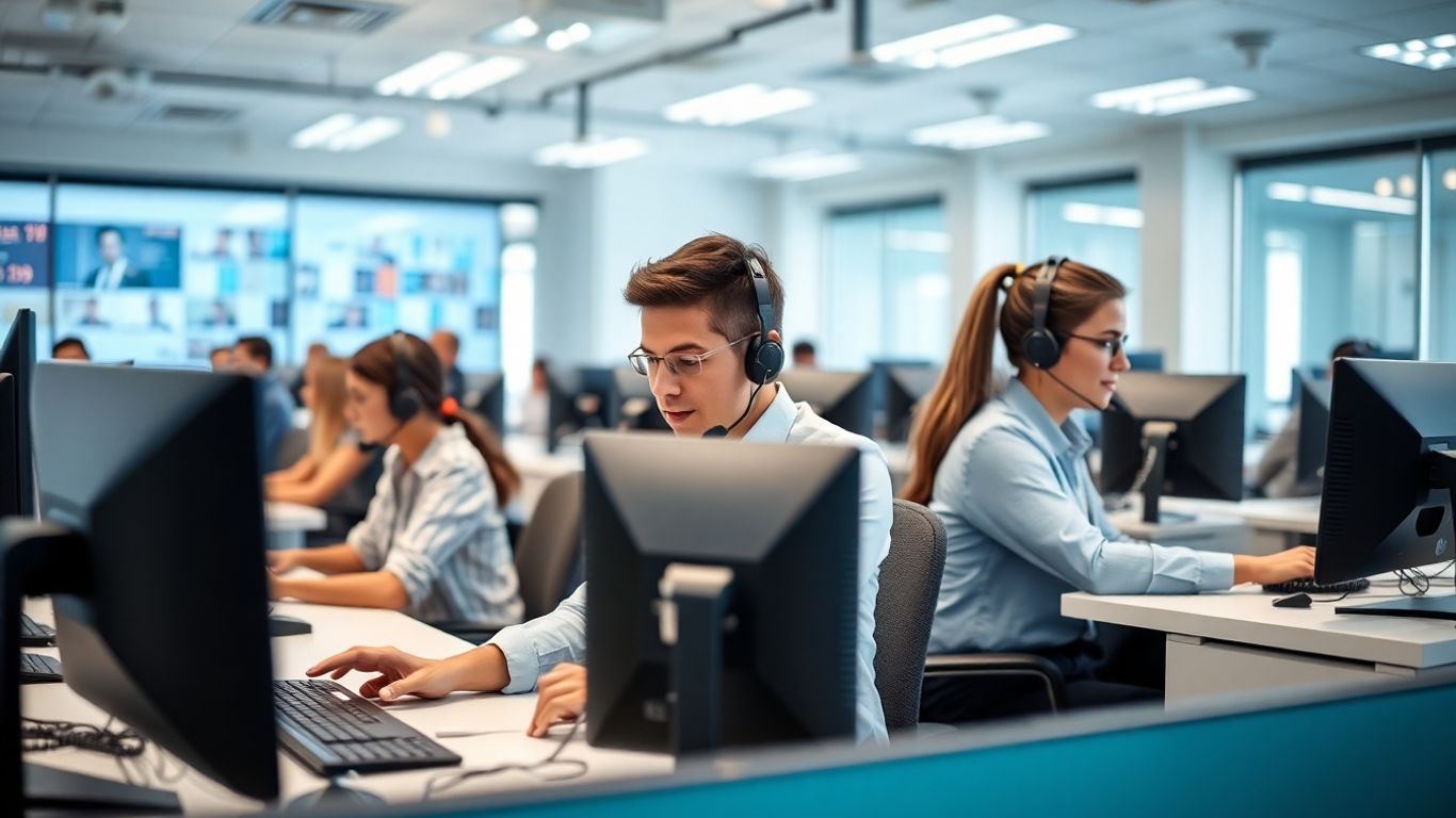 Call center team using computers and phones efficiently