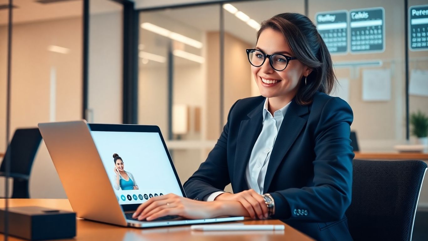 Businessperson surprised by virtual receptionist video call on laptop.