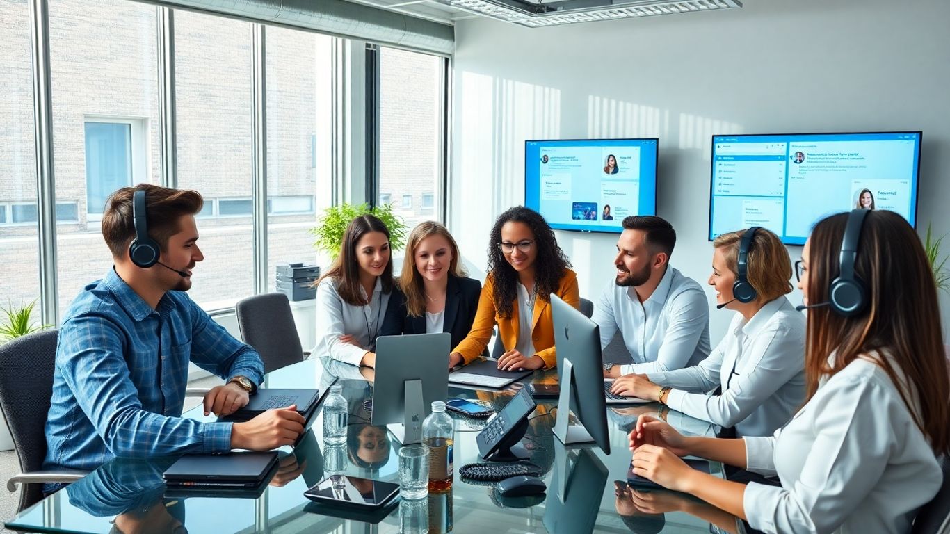 Team collaborating in an office with phones and computers.