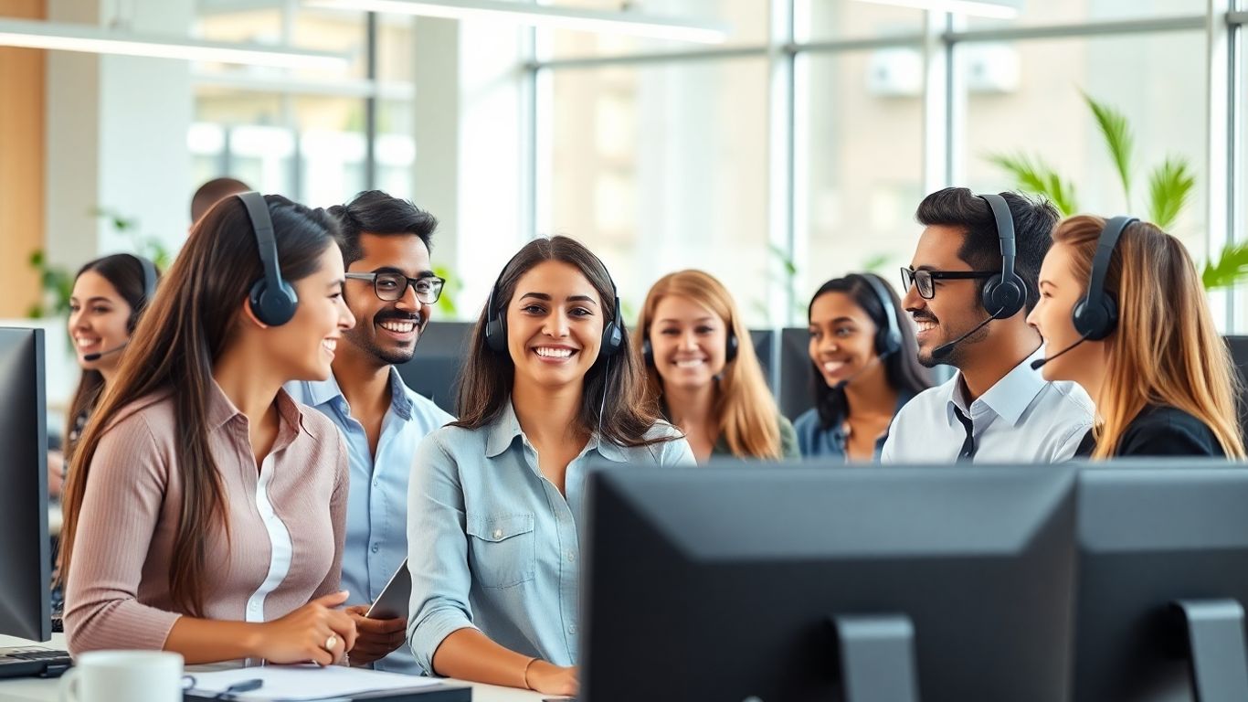 Customer service agents in modern office with headsets