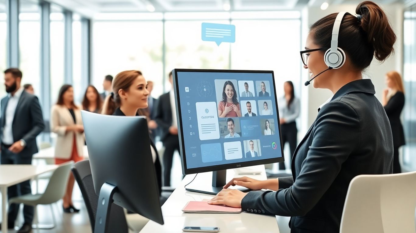 Virtual receptionist at computer assisting business clients