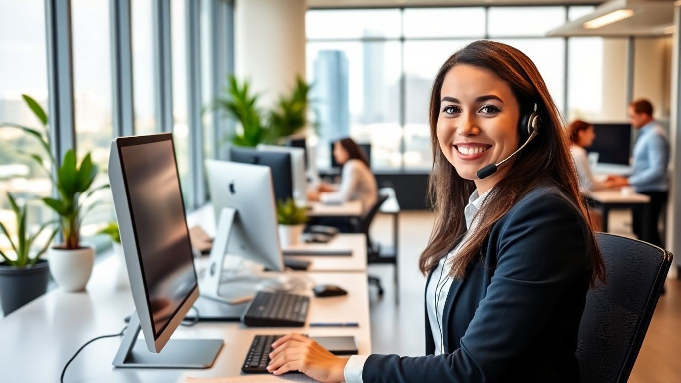 Virtual receptionist in modern Tampa office with headset
