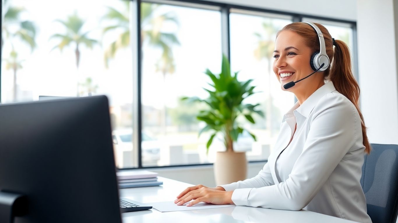 Virtual receptionist working in Tampa office with headset