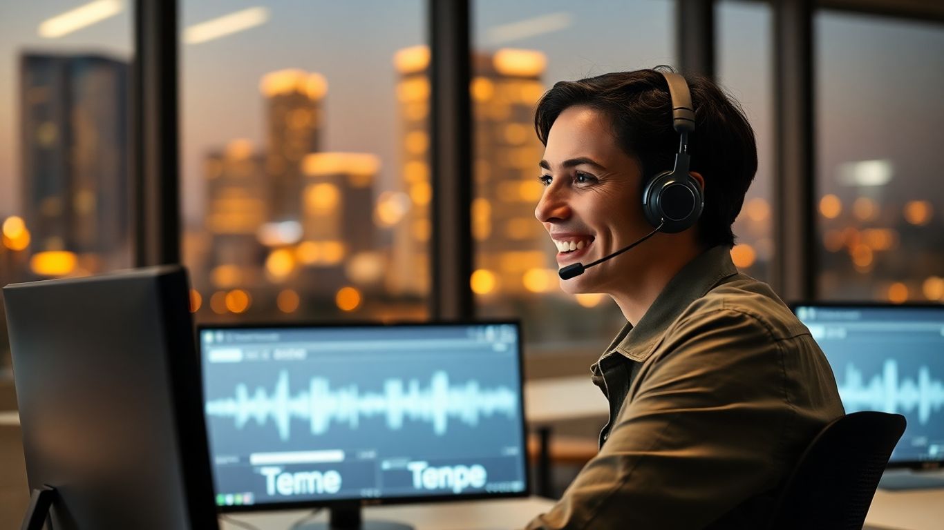 Call center agent answering phone in modern Tempe office