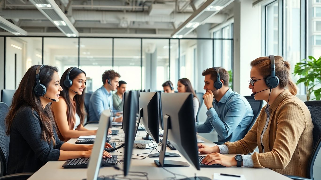 Office team on headsets managing multiple business calls