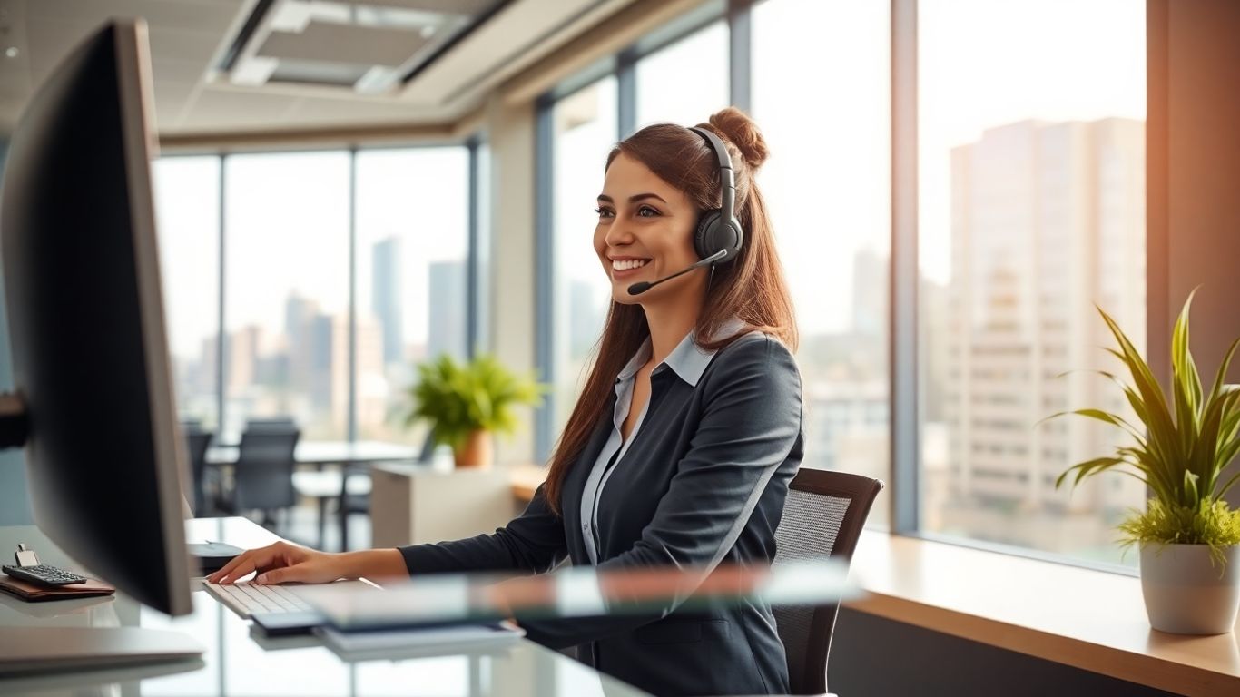 Virtual receptionist in office with Toledo skyline, wearing headset.