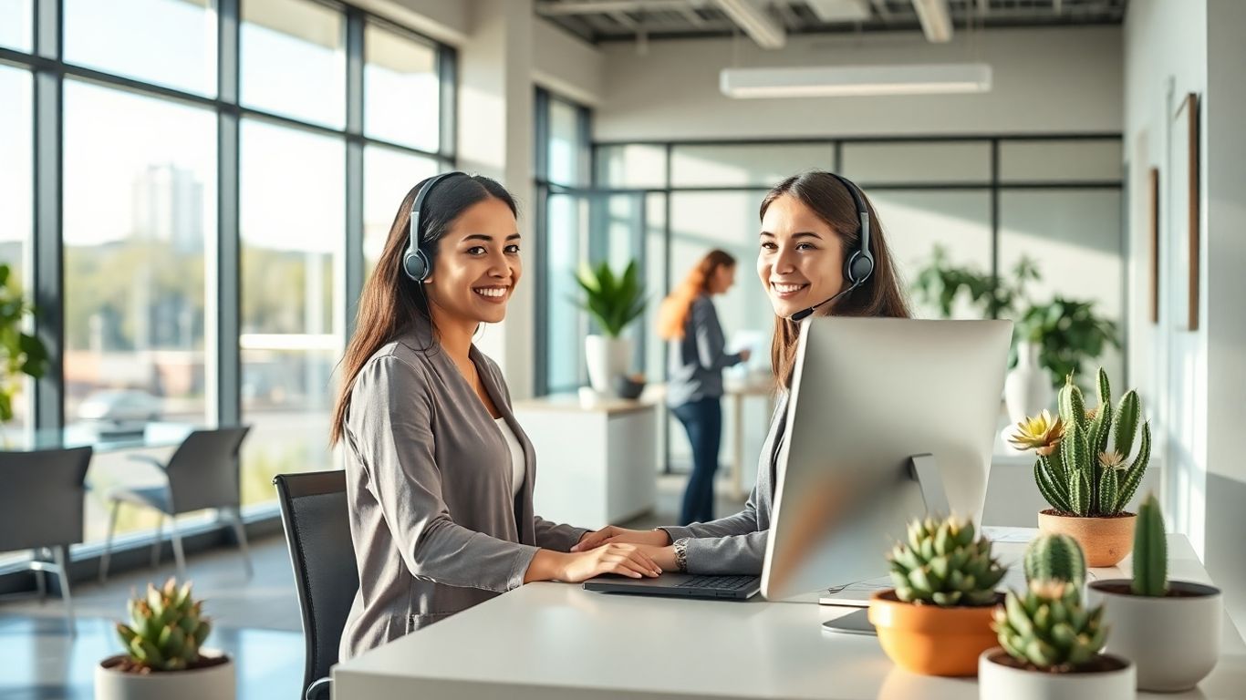 Tucson office receptionist using headset at modern desk