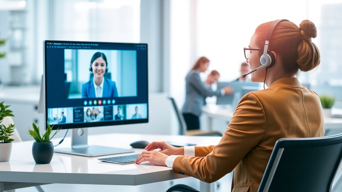 Virtual receptionist assisting customer in modern office setting.