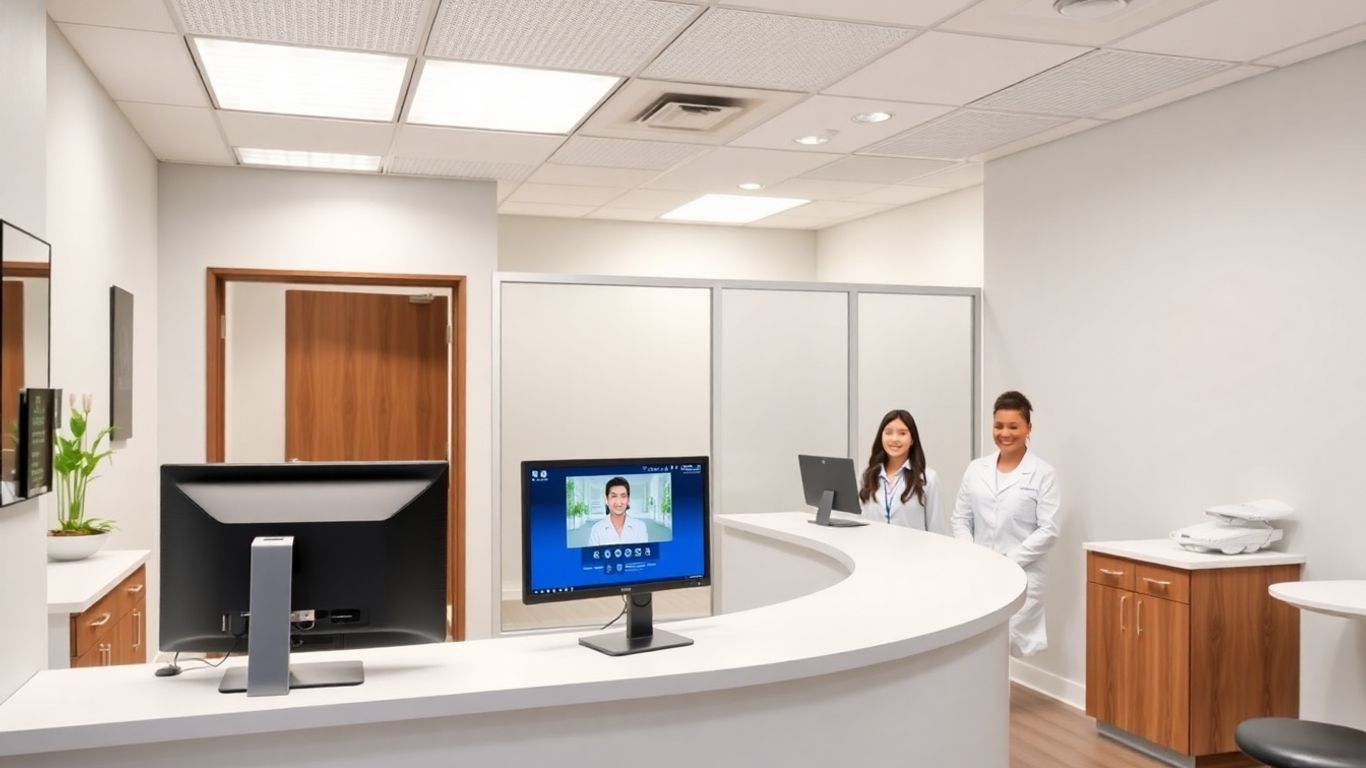 Dental receptionist using virtual assistant in secure office