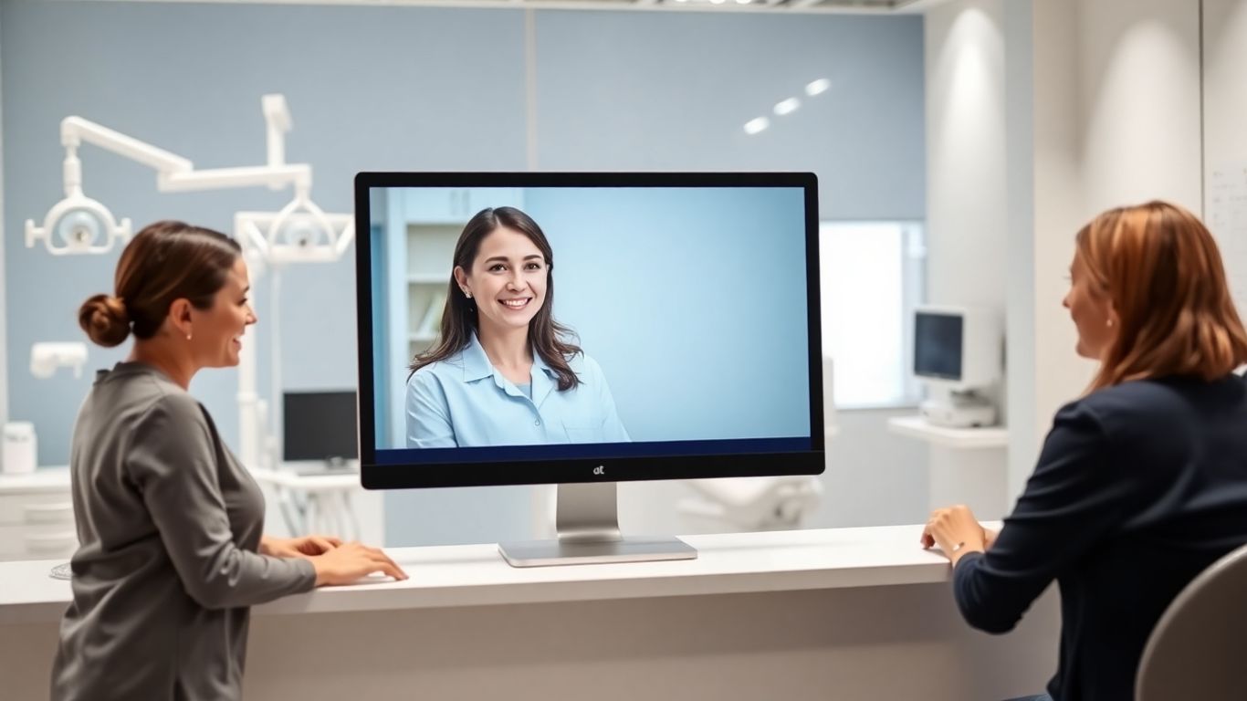Virtual dental receptionist video chatting with patient in clinic.
