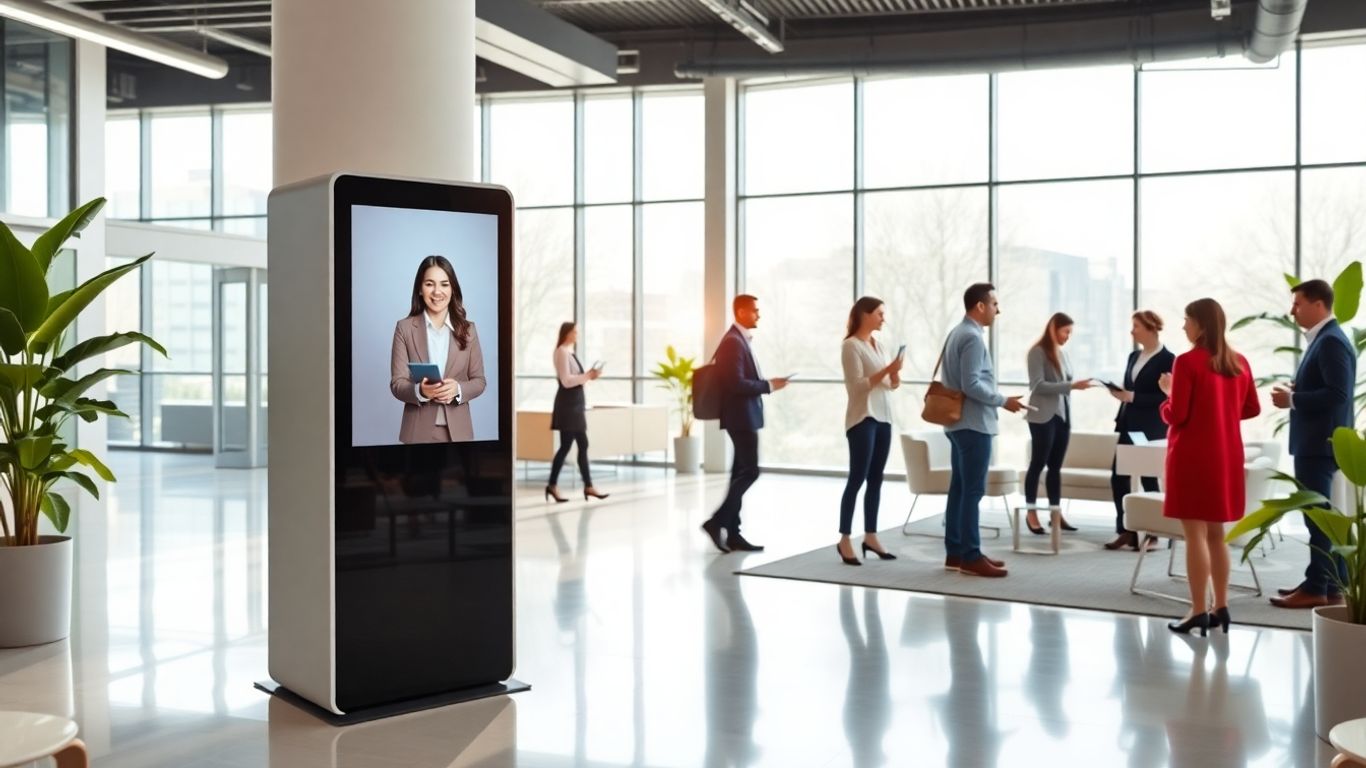 Modern office lobby with virtual receptionist kiosk and staff