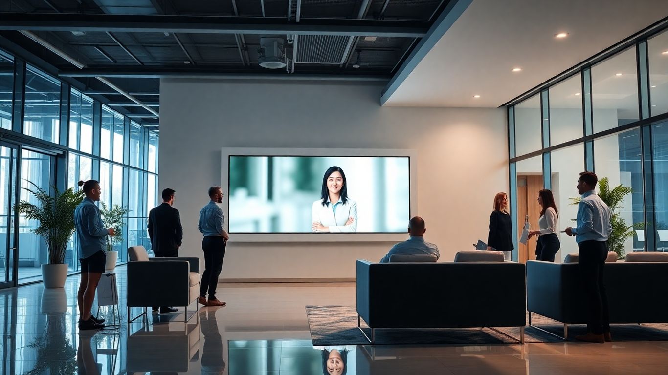 People using a digital receptionist in a modern office lobby