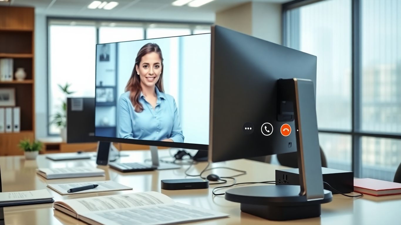 Virtual receptionist greets client in modern law office setting.