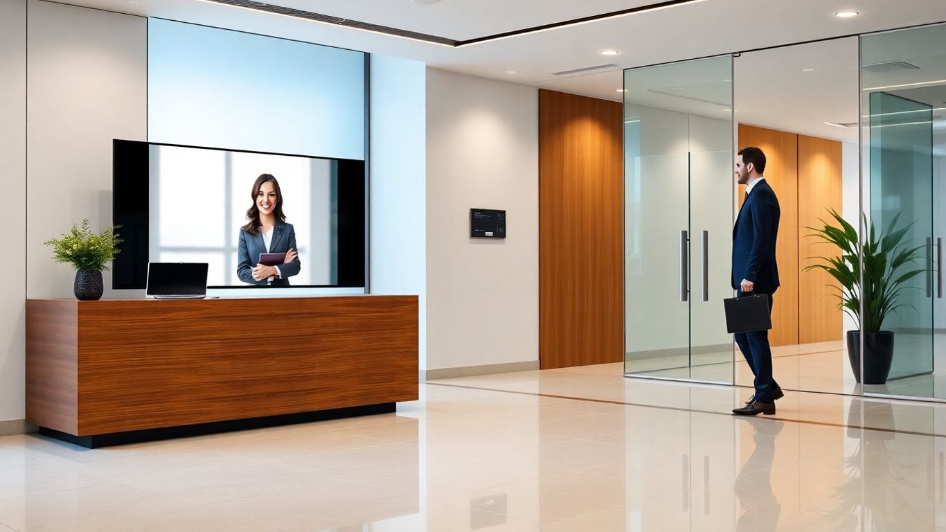 Attorney interacts with virtual receptionist in modern law office.