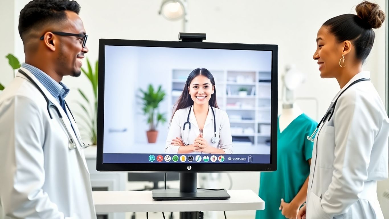 Doctor and nurse using virtual receptionist on computer screen.